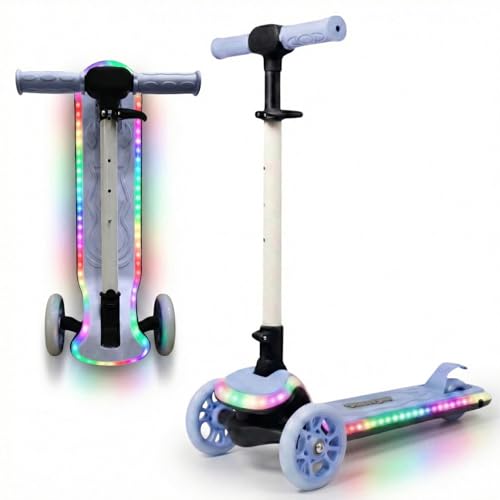 Image of STREETJAM Blinkie Kids LED Kick Scooter for 3-12 Years, LED Deck with Multiple Light Modes (1st Time in India), BIS Approved, Extra Wide Deck, Rechargeable, Up to 50 kg Load (Neon Blue with Grey)