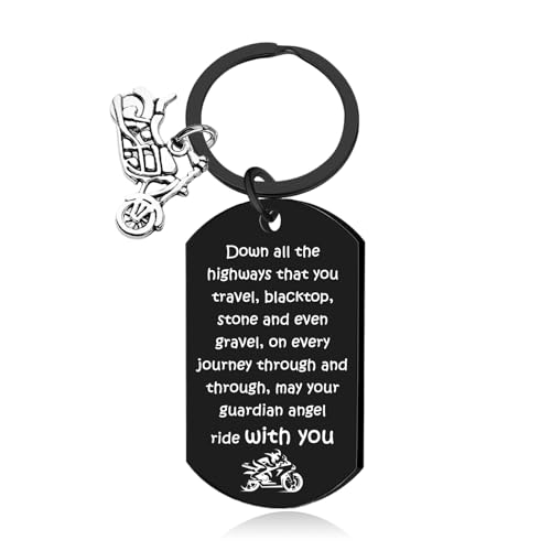 Image of Motorcycle Keychain Gifts for Men, Ride Safe Dad Keychain Motor Cycle Accessories for Bikers, Cool Gifts for Motorcycle Riders Men, May Your Guardian Angel Ride with You Keychains