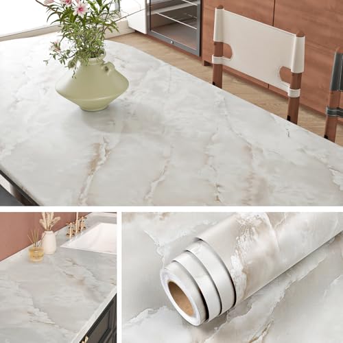 Image of Livelynine Tan Marble Contact Paper for Countertops off White Counter Top Peel and Stick Waterproof Desk Cover Kitchen Table Vinyl Wrap Removable Cream Onyx Quartz Marble Wallpaper Bathroom 15.8x78.8"