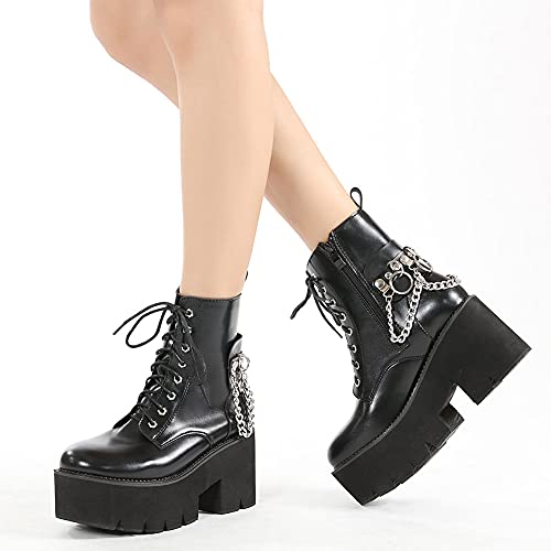 Mikarka XBZ1425-BLACK-36 Women'S Chain Platform Boots Lace Up & Zipper Chunky Heel Black Combat Ankle Booties Fashion Studded Motorcycle Boots thumb #4