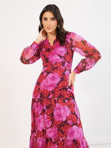 Image of Styli Women'S Floral Print V-Neck Cuff Sleeves Tiered Maxi Dress | Flattering V-Neck, Elegant Cuffed Sleeves, Flowing Tiered Silhouette. Perfect for Smart-Casual Occasions