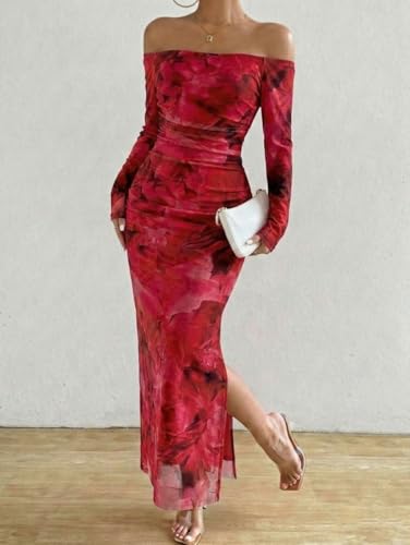 Image of LIGHT DOT Women's Printed Off Shoulder Maxi Dress Long Sleeve Bodycon Ruched Mesh Cocktail Dress