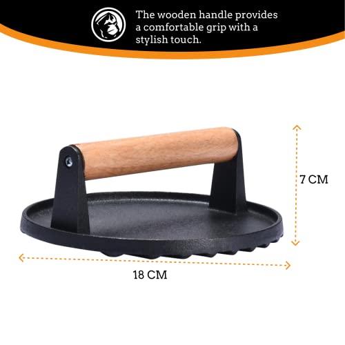 Mountain Grillers Cast Iron Grill Press Weight - With Wooden Handle - Cast Iron Press For Meat, Hamburger Patty, Smash Burger, Bacon, Steak #TOP1