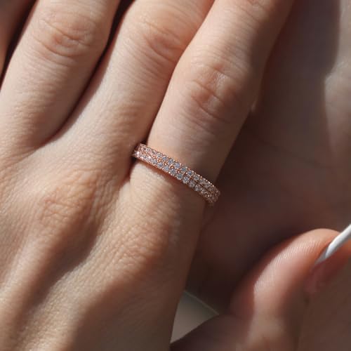DoubleAccent 14K Rose Gold Plated Sterling Silver Ring Round CZ Stone High End 2 Row Stackable Eternity Ring (Size 5 to 9)4