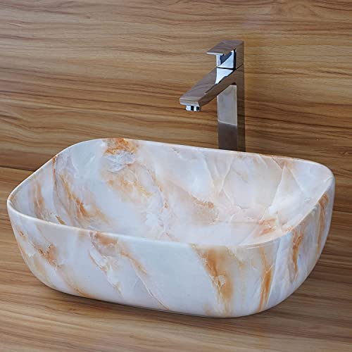 Image of REMOTION Designer Glossy Finish Table Top Ceramic Wash Basin Vessel Sink with Slim Rim |Collapsible Wash Basin | Vessel Sinks For Bathrooms (White-Cream Strip Wash Basin, 18 x 13 x 5.5 Inch)