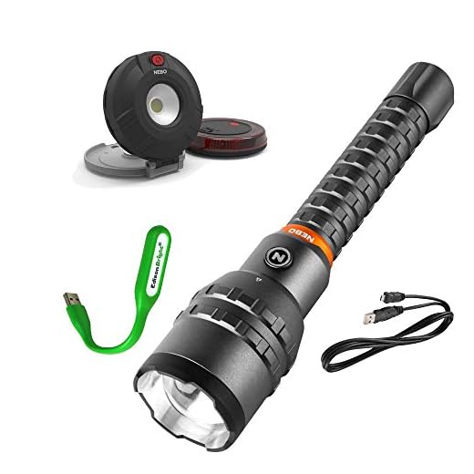 NEBO Redline 12K lumen (12000 lumen) rechargeable high power adjustable beam LED flashlight FLT-1007, Nebo auto emergency Twin Pucks 6391 with EdisonBright USB powered LED reading light bundle