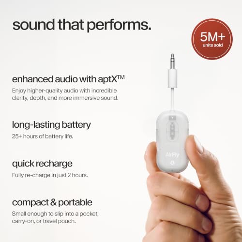 Image of AirFly Pro 2 - Bluetooth Adapter for Airplane, Pair 2 AirPods or Wireless Headphones - 3.5mm AUX Bluetooth Transmitter for Cars, Boats, Treadmills, TVs- Airplane Travel Essentials, Glacial White
