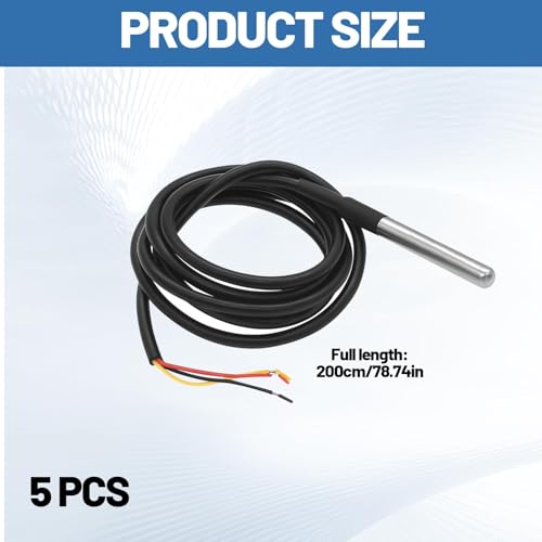 Menibeuty 5 Stück DS18B20 Temperatursensor, 2m Kabel Wasserdicht Edelstahlsonde Temperaturfühler Temperaturkabel, kompatibel mit Arduino RB Pi Sh elly Addon inkl, E-Book (-55°C bis +125°C)