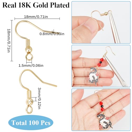 SUNNYCLUE 1 Box 100Pcs Real 18K Gold Plated Earring Hooks French Hook Ear Wires Brass Fish Hook Earring with Ball Dot Coil Earrings Earwire Findings for jewellery Making Supplies DIY Dangle Earrings - Image 2
