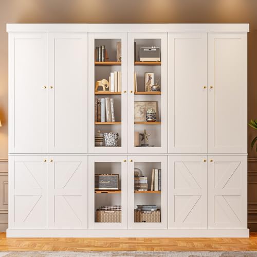 Image of Vyre 70.8 inch Tall Farmhouse Bookshelf, Modular Bookcase with Glass Doors, 6-Tier Adjustable Shelves, Large Storage Cabinet for Kitchen, Living Room, White, Set of 3