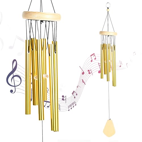 Campanas de viento de metal Feng Shui para decoración del hogar, campanas colgantes grandes doradas de 6 tubos para energía positiva y vibraciones, decoración de balcón, jardín y oficina al aire libre