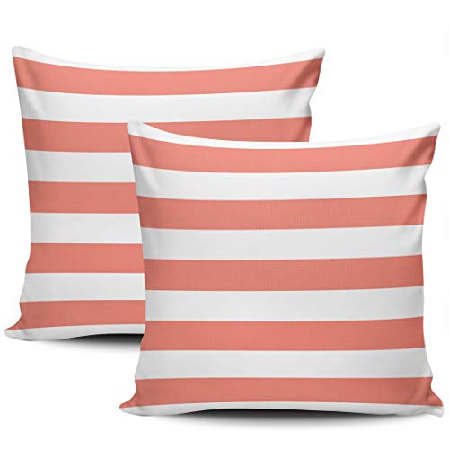 Kelemo Home Set Of 2 Pillow Case White Coral Nautical Stripes Outdoor Throw Pillow Covers Cushion Decorative Pillowcase Square 16 X 16 Inches #TOP3