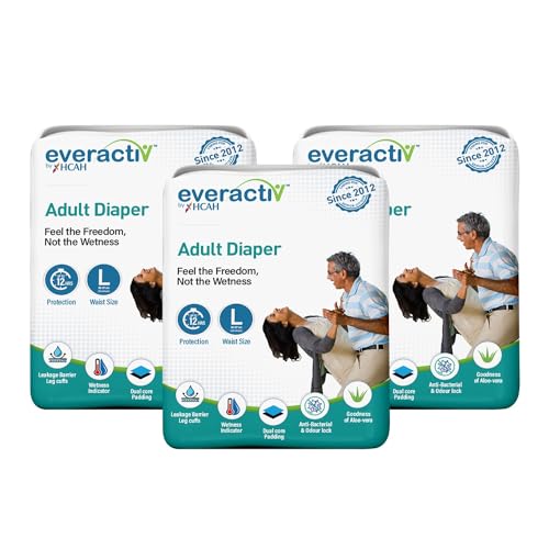 Image of Everactiv Adult Diaper - Wetness Indicator with Aloe Vera | Large (Waist 38-54 inches) - 30 Units (Pack of 3 x 10 Units) | Unisex (L, 30)