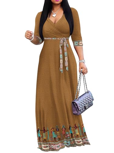Image of Yajedo Womens Casual Summer Maxi Dress Plus Size Sexy Wrap V Neck 3 /4 Sleeve Sundress with Pockets