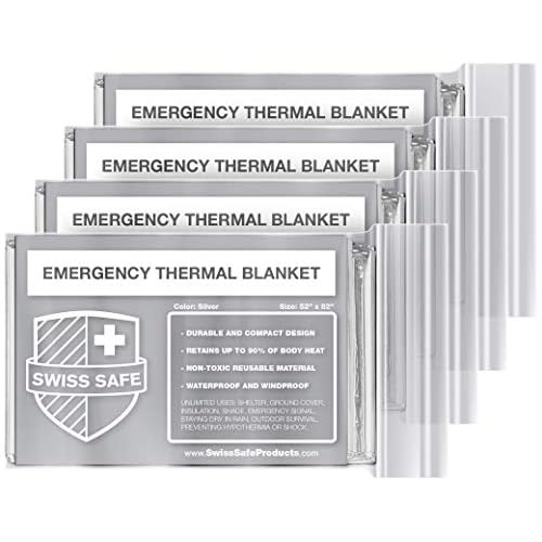 Swiss Safe 4 Pack Mylar Emergency Blankets for Survival – Compact & Insulated for Cold Weather – Designed for NASA, Outdoor, Running, Camping, Survival, First Aid Car Kit – Silver, 4 Pack
