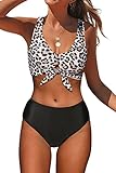 Beachsissi Frauen Netter Bikini Sets Leopardenmuster Knoten Vorne Zweiteilige Badeanzüge Hohe Taille Badeanzüge, Leopard, XL