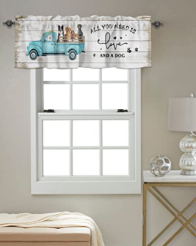 Windows Valances Curtain Blue Truck With Dog Kitchen Valances Rod Pocket Farmhouse Animal Retro Wood Grain Window Treatment Short Topper Curtains For Kitchen Living Bedroom 1 Panel,54 By 18 Inch #TOP3