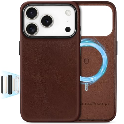 Image of SHIELDON Genuine Leather Case for iPhone 17 Pro 6.3 inch 2025, Retro Coffee | for MagSafe, Magnetic Wireless Charging, Camera Button, Metal Buttons, Camera Bezel, Non-Slip, Shockproof, Anti-Scratch, Slim