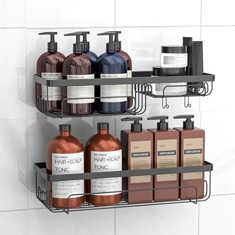 Enopdmb Shower Caddy Shelf & Bathroom Shower Organizer Rack with 12 Hook,No Drilling Wall Mount Shower Storage for Shampoo Conditioner Shower Shelf SUS304 Stainless Steel- 2 Pack (Black) Cover