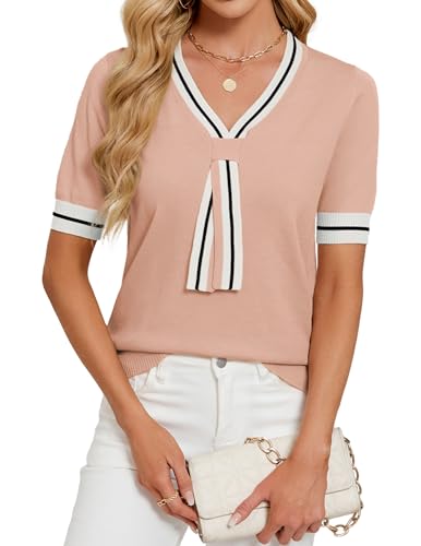Image of Libsorge Womens Lightweight Cute Bow Tie Sweater Spring 2026 Business Casual Outfits V Neck Short Sleeve Tops