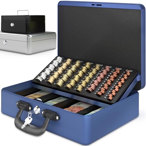 ACROPAQ Caisse monnaie grande professionelle - Grande espace pour les Billets et pièces, Avec monnayeur et 2 clés, Caisse plus épaisse, Poignée de...