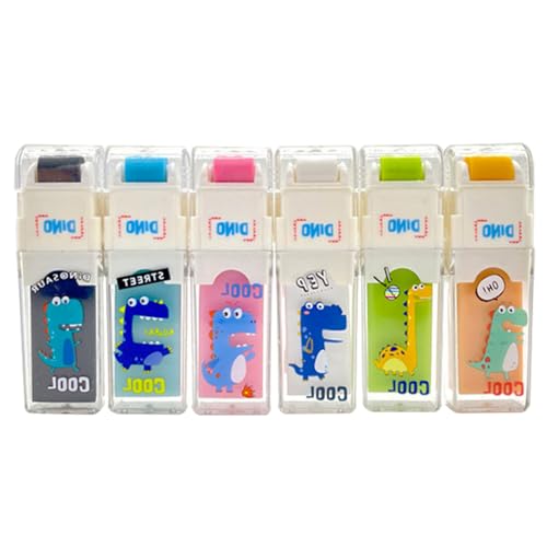 Lindo borrador, 6 gomas de borrar de goma con recogedor de escombros para escribir, dibujar, suministros escolares de oficina (dinosaurio)