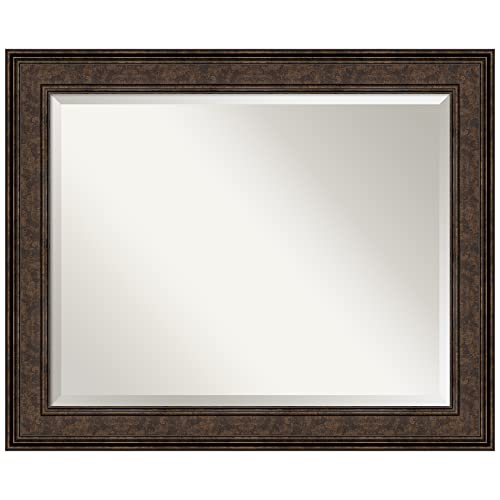 Amanti Art 28x34 Bathroom Vanity Mirror, Ridge Bronze Frame, Rectangular Wall Mirror, Beveled Edge, Hangs Horizontally or Vertically