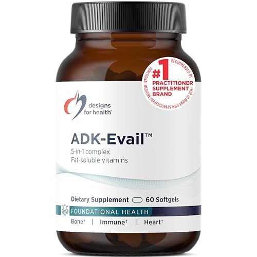 Designs for Health ADK Evail - 5000 IU VIT D3 with Vitamins A E (Annatto Gamma Delta Tocotrienols) K (K1 + K2) - Fat Soluble Vitamin D Complex - Bone + Immune Support - Non-GMO (60 Softgels)