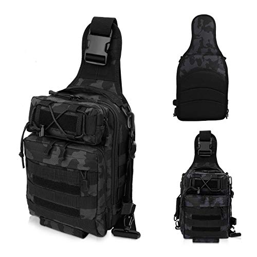 LUXHMOX Fishing-Backpack for Outdoor Gear Storage Tackle-Bag 5.25x12x9 Waterproof Sling Bag (Black CAMO)