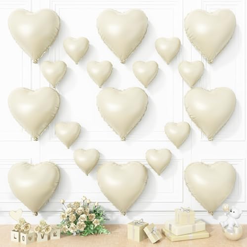 Cream Heart Balloons, 19PCS Cream White Heart Shape Balloons, 18Inch with 10Inch Nude Neutral Helium Foil Balloon Love Mylar Balloon for Birthday White Wedding Valentines Anniversary Decorations