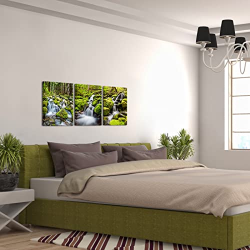 3 Pieces Green Dreamlike Waterfall Canvas Prints Wall Art Nature Forest Landscape Pictures Print On Canvas Giclee Artwork For Walls Decorations Ready To Hang (Small, Green) #TOP2