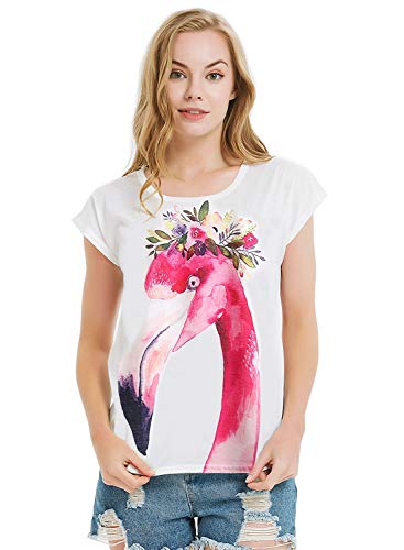 Futurino Women's Garland Flamingo Print Crewneck Short Sleeve T-Shirt Top Tees S White #TOP1