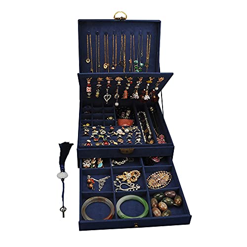 GYJOYERO Schmuckkästen für Damen 3 Schichten großer Schmuck-Organizer Aufbewahrungsbox für Ohrringe Halsketten Ringe Armbänder Schmuckhalter abschließbar Schmuckkästchen (Navy blau)