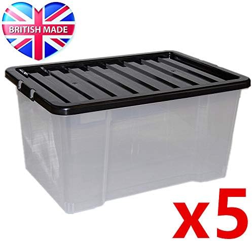 CrazyGadget 50L 50 Litre Large Big Plastic Storage Clear Box Strong Stackable Container - Made In U.K. - Pack of 5