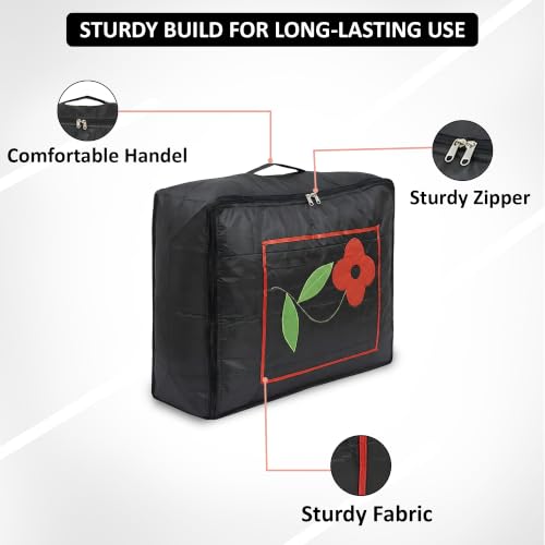 Image of Kuber Industries 2 Pcs Parachute Saree Cover for Storage with Zip Closure | Wardrobe Organizer for Storage | Saree Organiser for Wardrobe | Embroidery Design - Black