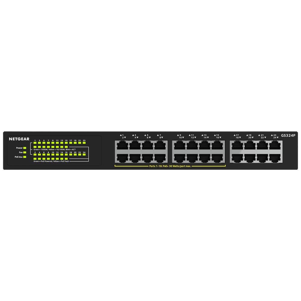 NETGEAR Switch PoE, Switch de Red Gigabit Ethernet no gestionado de 24 Puertos (GS324P) - con 16x PoE+ Consumo 190W, Montaje de sobremesa o en Bastidor