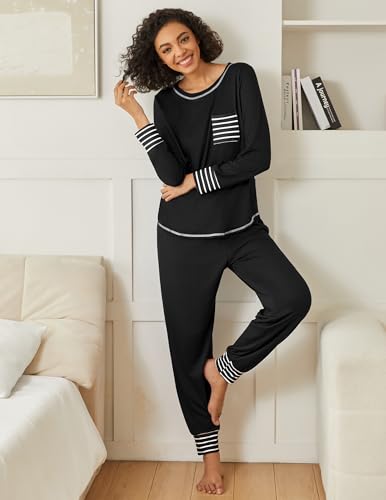 Image of Ekouaer 2 Pack Womens Pajama Sets Long Sleeve Lounge Sets Soft Pj Sleepwear Loungewear