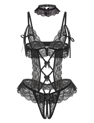Avidlove Womens Lace Teddy Bodysuit Lingerie Set with Choker V Neck Black S - image 1