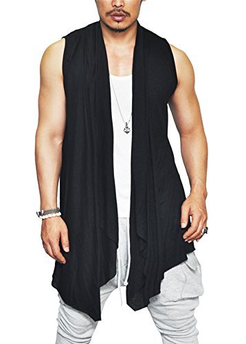 Cardigan long sans manches noir à col plissé asymétrique, gilet veste homme taille M