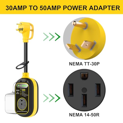 Image of EyGde 30 Amp to 50 Amp RV Adapter with Surge Protector, Waterproof 4500J RV Circuit Analyzer Voltage Protector for Camper Travel Trailer - Easy to Use Handle, Adapter Plug TT-30P to 14-50R