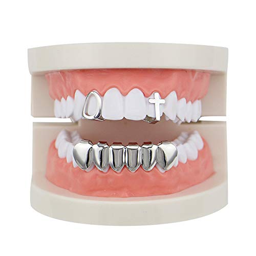 YKPG Unisex Luxurious Gold Plated Hip Hop Bling Tooth Set Hollow Top & Bottom Grill Teeth Caps - High Glossy for Adults Costume Party Accessories (Color : Silver)