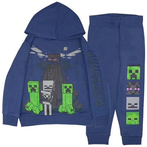 Minecraft Boys 2-Piece Fleece Sweatshirt and Pants Set, Long Sleeve Pullover Hoodie and Jogger Bundle for Kids (Steel Blue, Size 7)