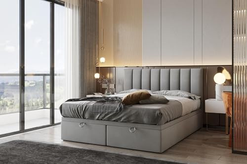 TRADA Boxspringbett Bond 140x200 cm - Bett mit Matratze und Bettkasten - Boxspringbett mit gestepptes Kopfteil - Double Bed fur Schlafzimmer - Grau