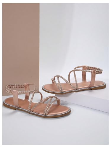 OYOANGLE Women's Strappy Sandals Rhinestone Sparkly Criss Cross Comfortable Elastic Ankle Strap Sandal2