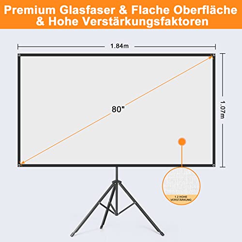 VISULAPEX 80 Leinwand Beamer mit Ständer, 4K HD 16:9 Leinwand Beamer Tragbar, Leicht und Kompakt, Ideal für Heimkino, Camping und Freizeitveranstaltungen