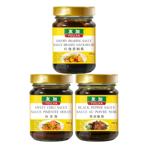 YOUJIA Classic Trio Combo, Curry, Sweet Chili, Black pepper, Restaurant Style sauce, Made from peppers and beans that have undergone 180 days of natural fermentation, No extra seasoning needed, Suitable for use in stew, stir-fries, marinate, and more 240 g x 3
