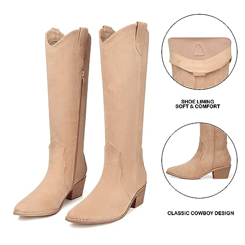 Image of SHIBEVER Cowgirl Boots Knee High: Womens Western Cowboy Boots Wide Calf Apricot Low Heeled Put on Suede Tall Booties Size 10.5