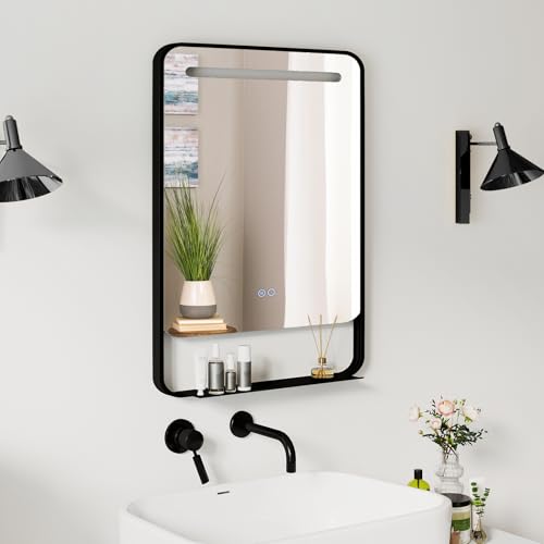 COSTWAY Specchio da Bagno LED 80 x 60 cm con Mensola, Specchio da Trucco con Cornice in Alluminio, Funzione Antiappannamento, 3 Colori di Luce e Luminosità Regolabile, Specchio da Parete