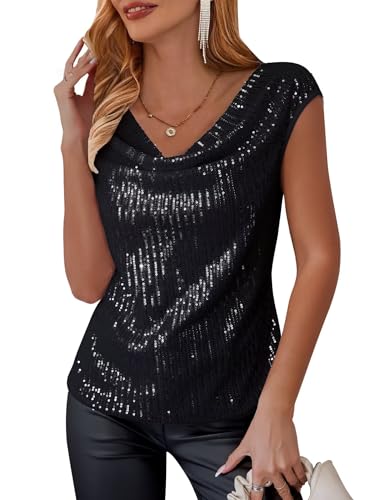 FOLUNSI Womens Sparkly Sequin Tops Cowl Neck Cap Sleeve Glitter Evening Cocktail Blouse Party Shirt