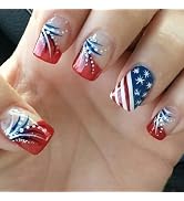 4th of July Press on Nails Short Square Fake Nail USA Independence Day False Nails with Star Blue...